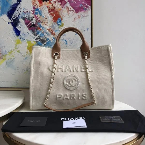 Chanel Deauville Pearl Canvas Tote Bag Ecru Beige