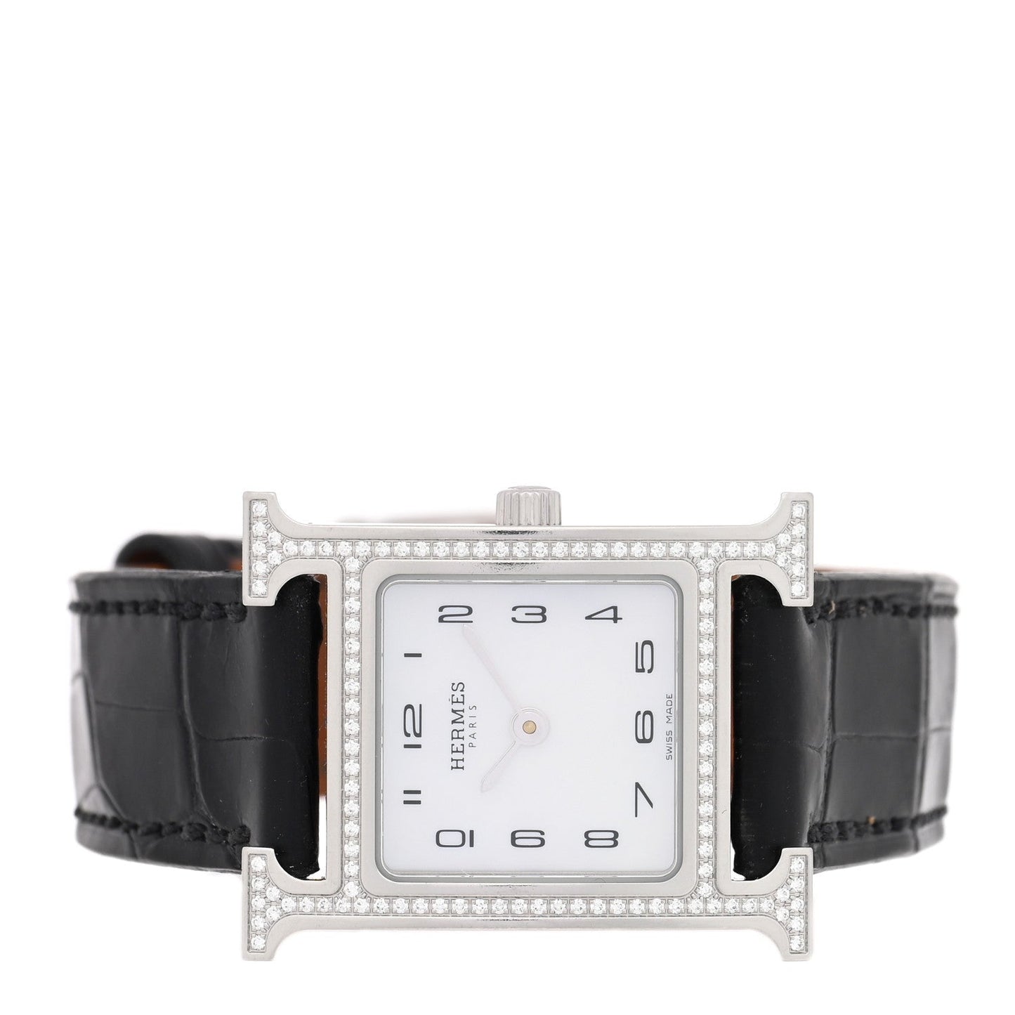 Stainless Steel Alligator Diamond Bezel Mother of Pearl 21mm Heure H Hour Quartz Watch Noir