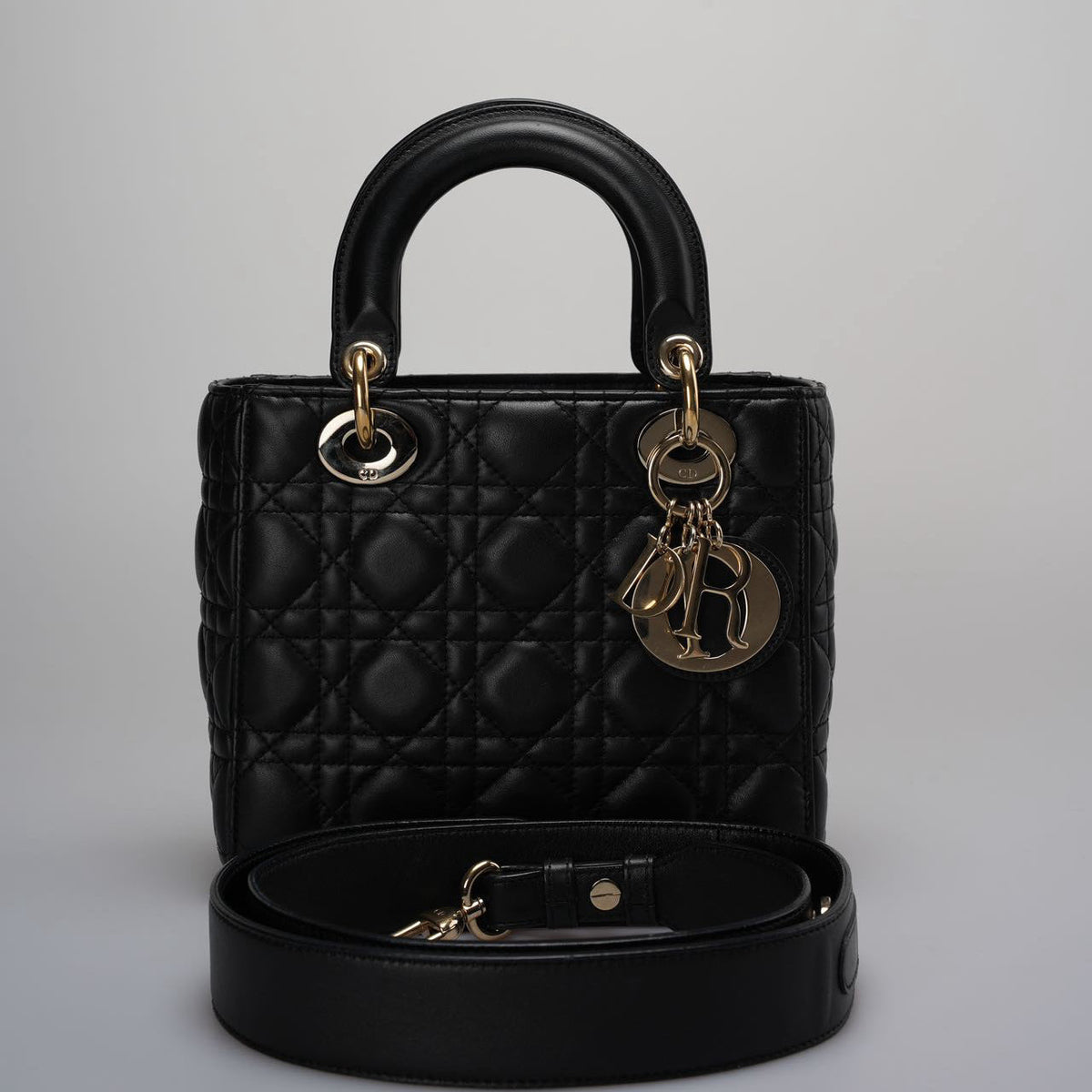 Christian Dior Black Small Lady Dior Bag In Cannage Lambskin Leather With Gold Hardware Rovelle Bags