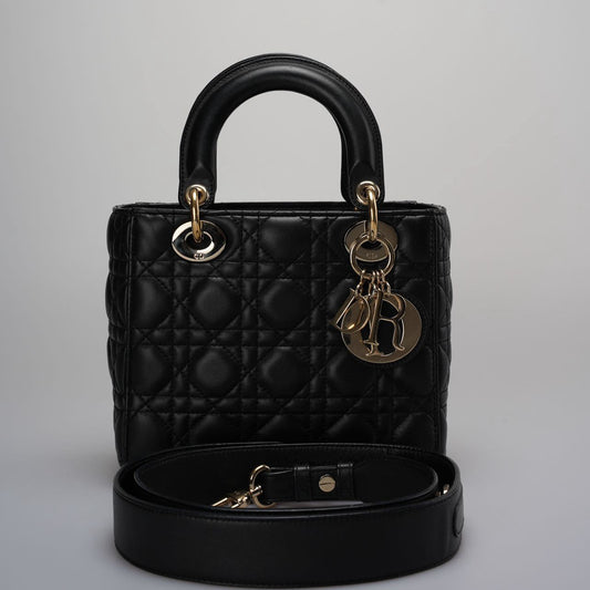 Christian Dior Black Small Lady Dior Bag In Cannage Lambskin Leather With Gold Hardware Rovelle Bags