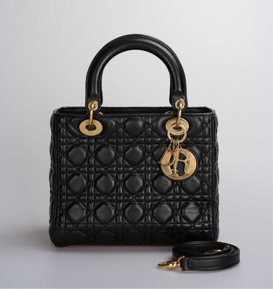 Christian Dior Black Medium Lady Dior Bag In Cannage Lambskin Leather With Gold Hardware Rovelle Bags
