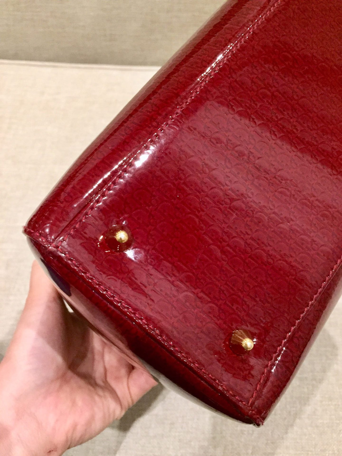 Lady Dior Medium Red Patent Leather Monogram Embossed Handbag Gold Hardware Rovelle Bags