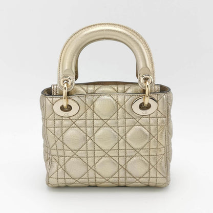 Lady Dior Mini Supple Calfskin Leather Gold Cannage Handbag with Strap Rovelle Bags