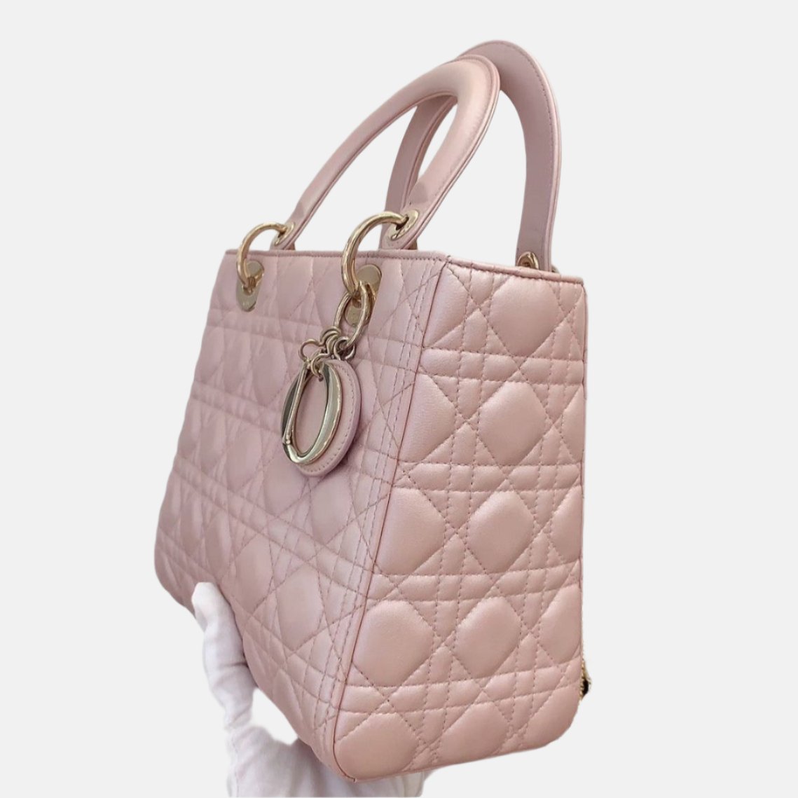 Lady Dior Medium Handbag Pearlescent Pink Cannage Leather Gold Hardware Rovelle Bags
