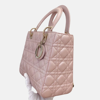 Lady Dior Medium Handbag Pearlescent Pink Cannage Leather Gold Hardware Rovelle Bags