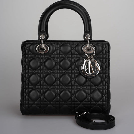 Christian Dior Black Medium Lady Dior Bag In Cannage Lambskin Leather With Silver Hardware Rovelle Bags