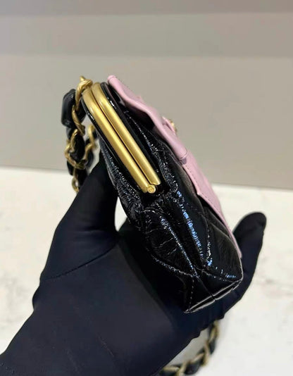 Chanel Mini Clutch With Bow Crossbody Bag Black Shiny Lambskin And Pink Patent Crumpled Lambskin Antique Gold Hardware Rovelle Bags