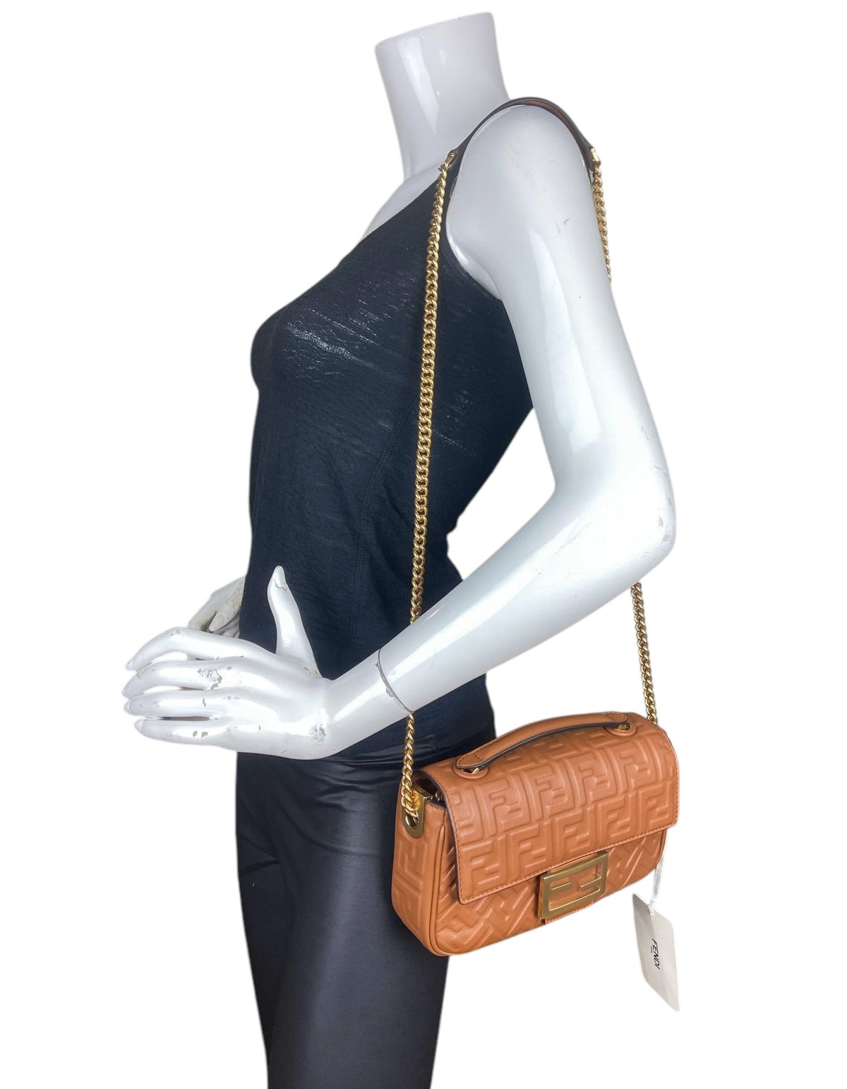 Fendi Brown Embossed Baguette Chain Midi Rovelle Bags