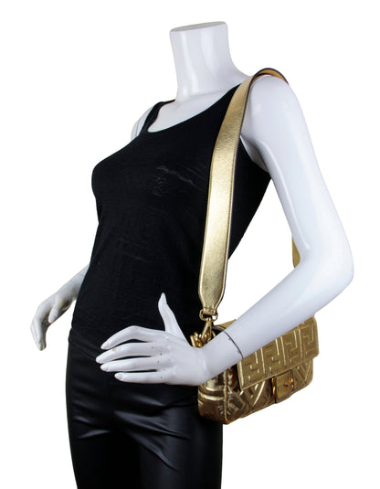 Fendi Gold Leather Embossed Logo Baguette NM Bag w/ Two Straps Rovelle Bags