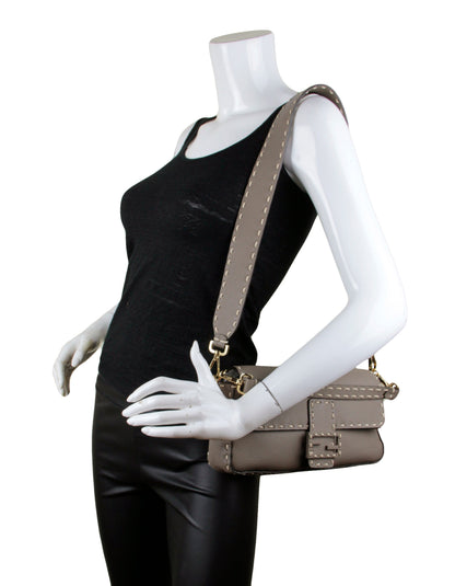 Fendi Grey Selleria Leather NM Baguette Bag w/ Stitched Trim Rovelle Bags