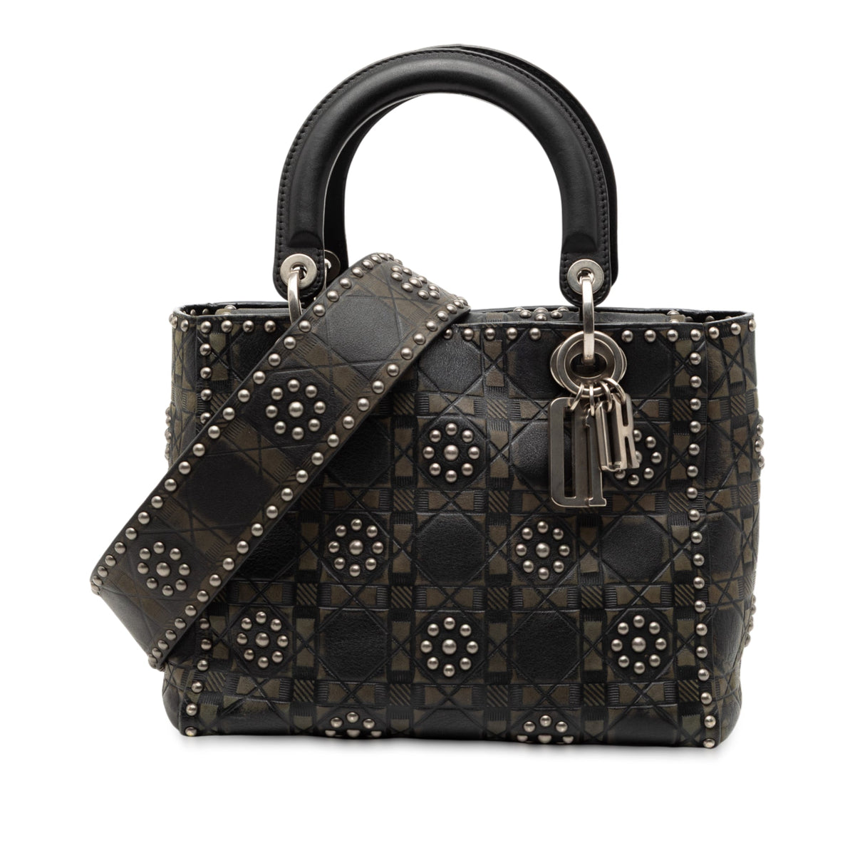 Black Dior Medium Calfskin Cannage Embossed Flower Studded Supple Lady Dior Satchel Rovelle Bags