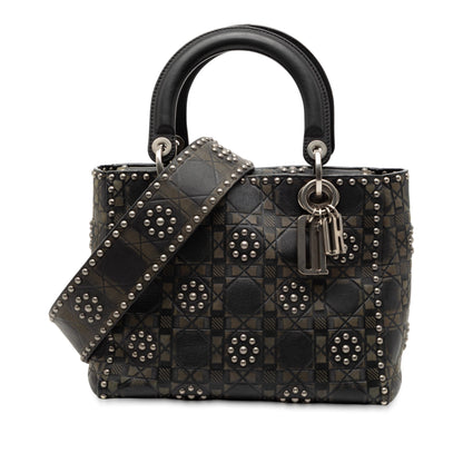 Black Dior Medium Calfskin Cannage Embossed Flower Studded Supple Lady Dior Satchel Rovelle Bags
