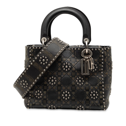 Black Dior Medium Calfskin Cannage Embossed Flower Studded Supple Lady Dior Satchel Rovelle Bags