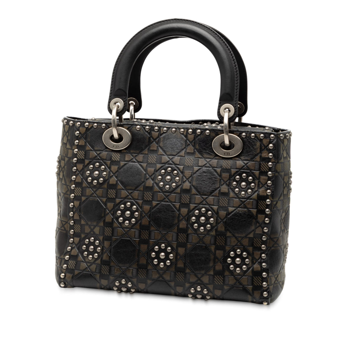 Black Dior Medium Calfskin Cannage Embossed Flower Studded Supple Lady Dior Satchel Rovelle Bags