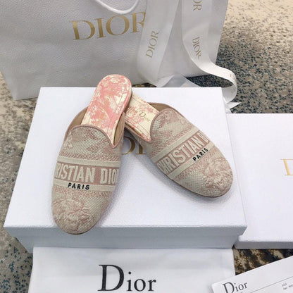 Dior Off Embroidered Cotton Flat Mules With Toile de Jouy Motif