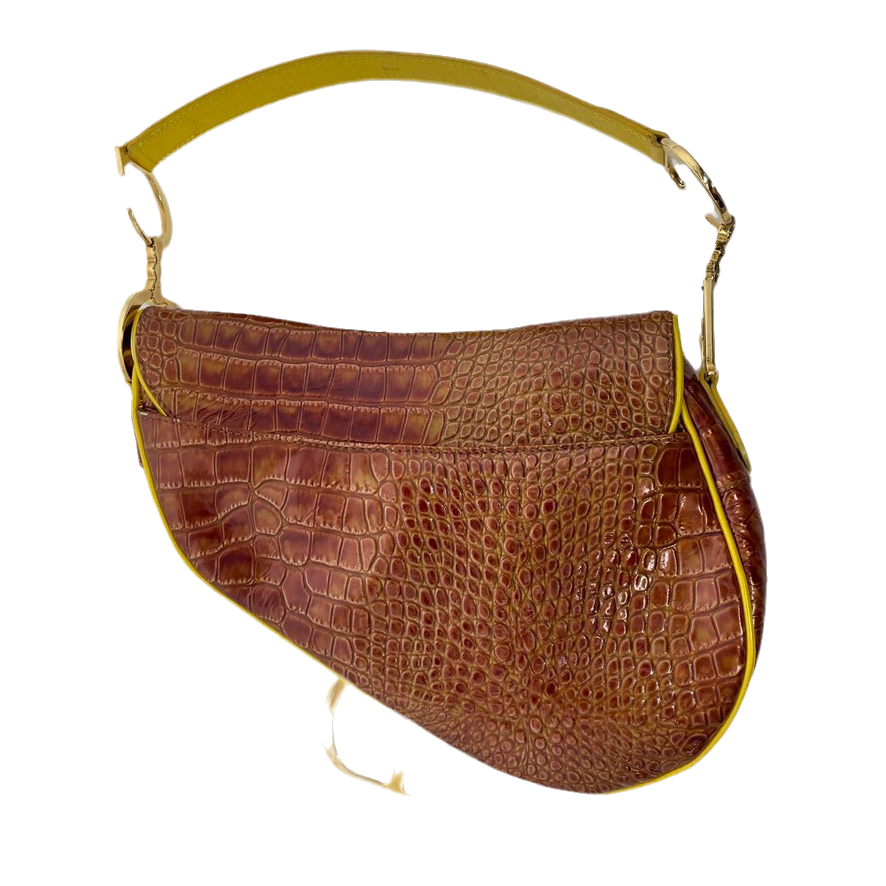 Dior Saddle Brown Medium Crocodile embossed Leather Handbag Rovelle Bags