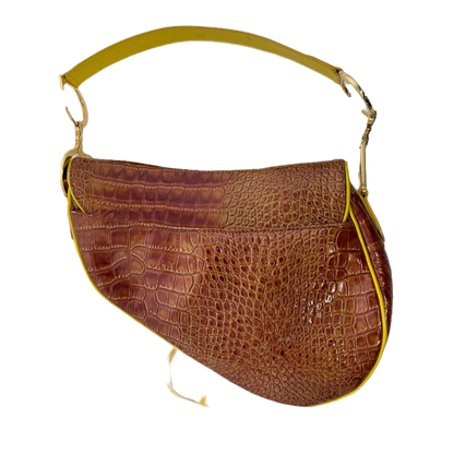 Dior Saddle Brown Medium Crocodile embossed Leather Handbag Rovelle Bags