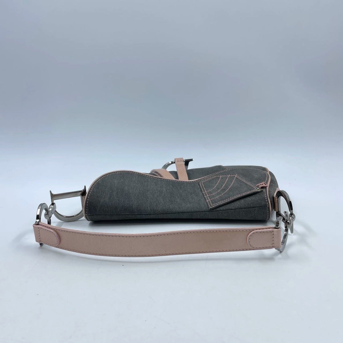 Dior Saddle Grey Denim with Pocket and Pink Leather Trim Shoulder Bag Rovelle Bags