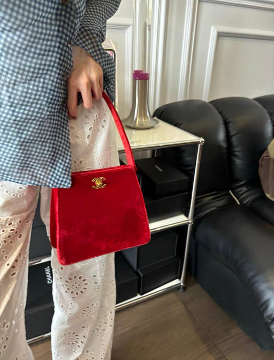 Chanel Rare Classic Velvet Red Kelly Bag Gold Plated Hardware Rovelle Bags