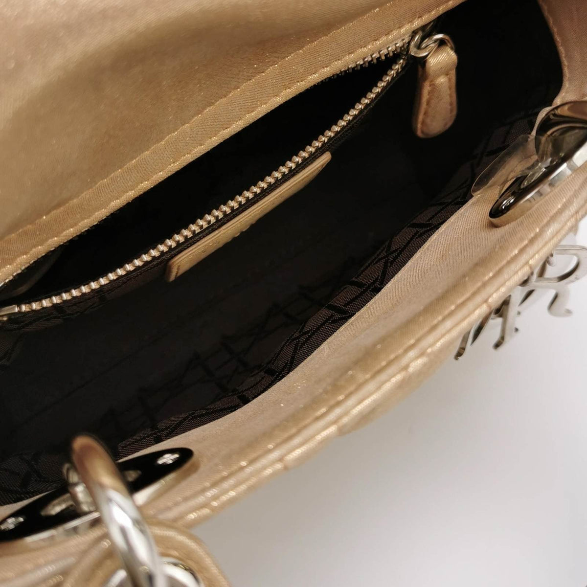 Lady Dior Mini Gold Textile Cannage handbag with strap Rovelle Bags