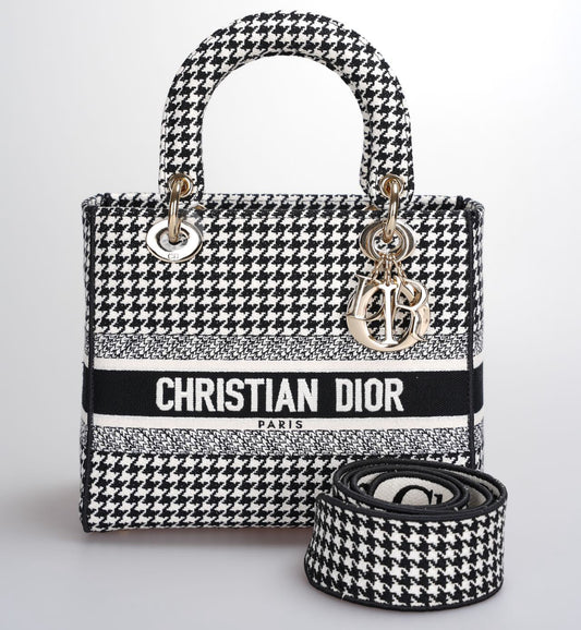Christian Dior Black White Houndstooth Canvas Medium Lady D-Lite Bag Rovelle Bags