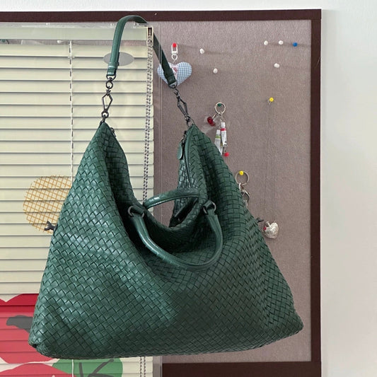 Bottega Veneta Maxi Convertible Tote Bag Hobo Dark Green Leather Two-way Carry 52cm