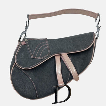 Dior Saddle Grey Denim with Pocket and Pink Leather Trim Shoulder Bag Rovelle Bags