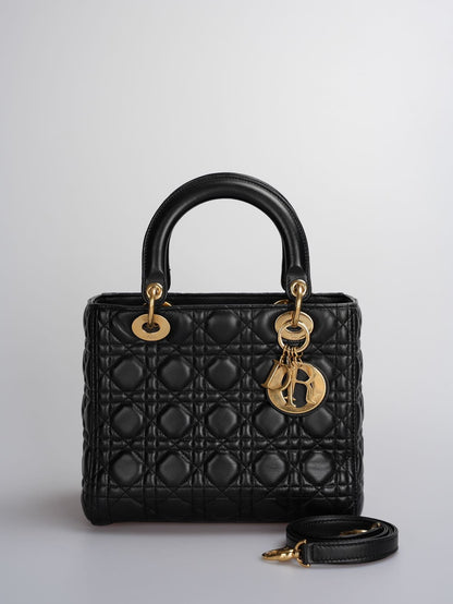 Christian Dior Black Medium Lady Dior Bag In Cannage Lambskin Leather With Gold Hardware Rovelle Bags