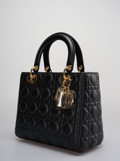 Christian Dior Black Medium Bag In Cannage Lambskin Leather With Gold Hardware Rovelle Bags