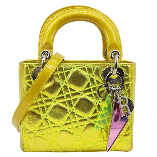 Christian Dior Lady Dior Mini Metallic Leather Shoulder Bag Neon Yellow Rovelle Bags