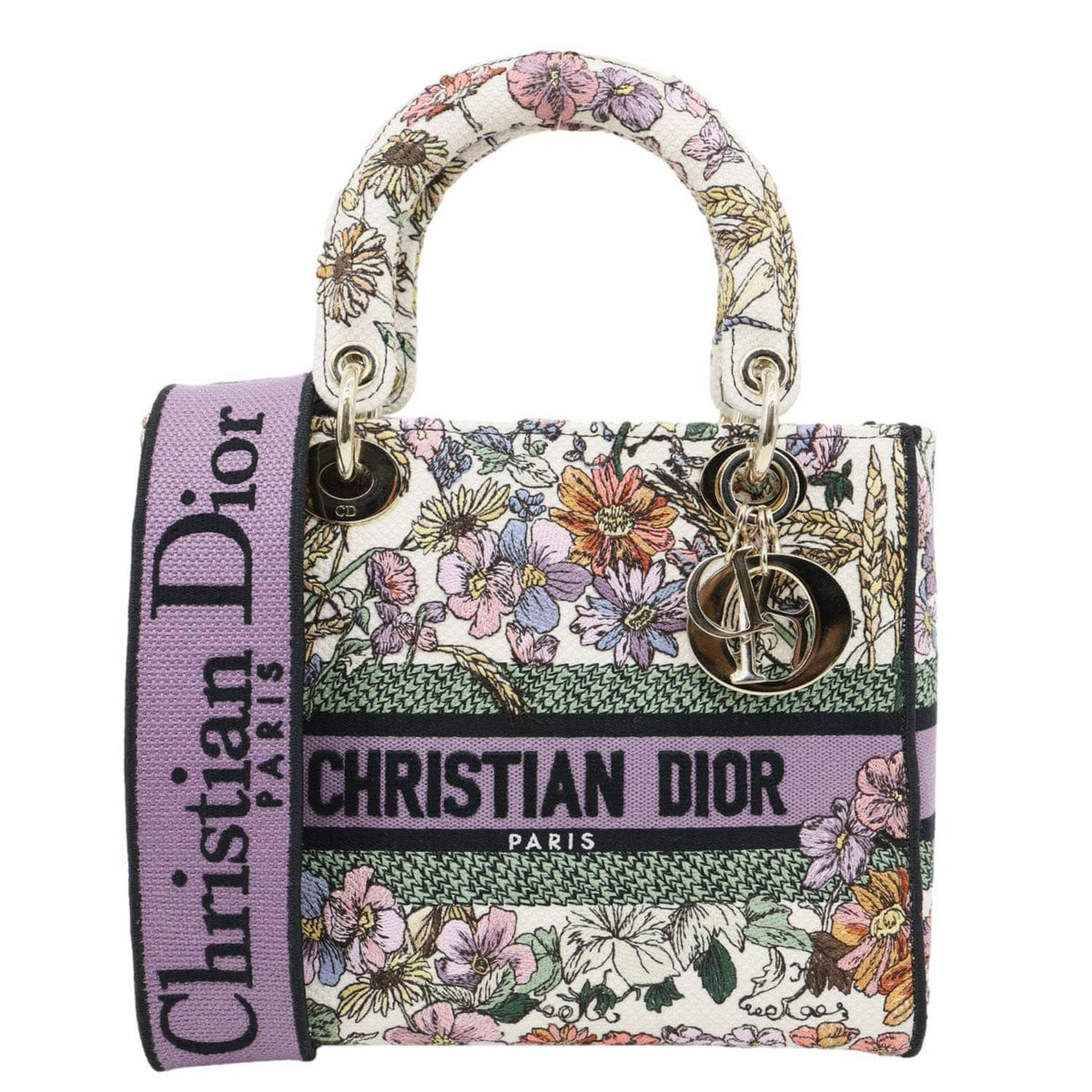 CHRISTIAN DIOR Lady D-Lite Medium Floral Embroidered Canvas Shoulder Bag Multicolor Rovelle Bags