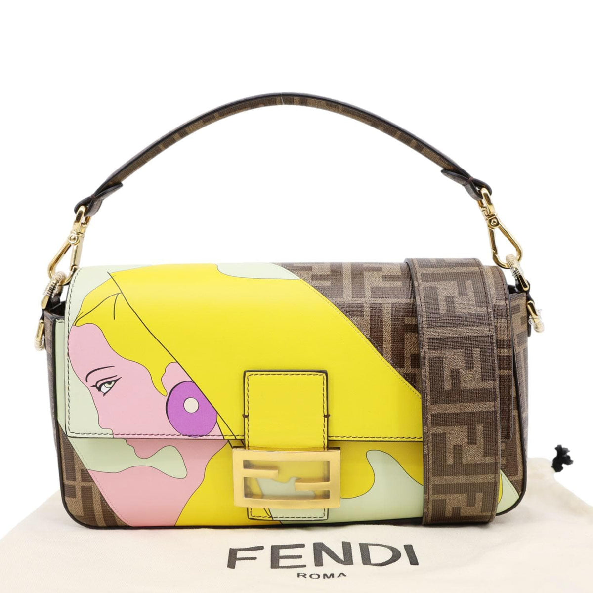 FENDI FF 1974 Hairdo Girls Inlay Glazed Fabric Baguette Bag Yellow Rovelle Bags