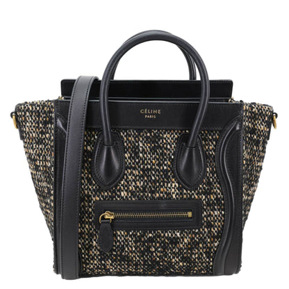 CELINE Nano Luggage Tweed Leather Tote Crossbody Bag Black