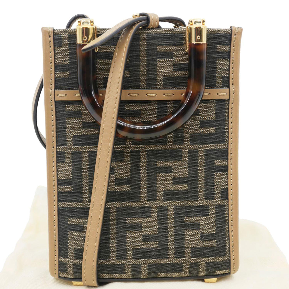 FENDI Sunshine Mini Zucca FF Canvas Shopper Tote Bag Brown Rovelle Bags