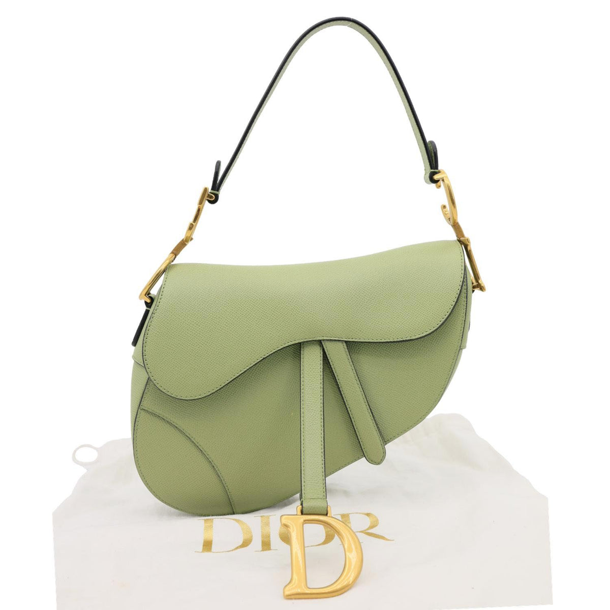 CHRISTIAN DIOR Saddle Grained Calfskin Leather Shoulder Bag Green Rovelle Bags