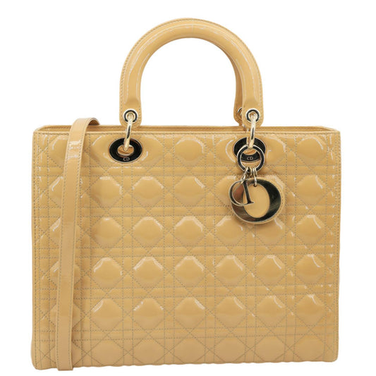 CHRISTIAN DIOR Lady Dior Large Quilted Patent Leather Shoulder Bag Camel Rovelle Bags