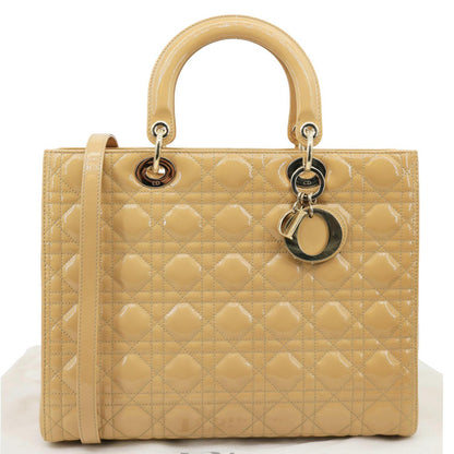 CHRISTIAN DIOR Lady Dior Large Quilted Patent Leather Shoulder Bag Camel Rovelle Bags