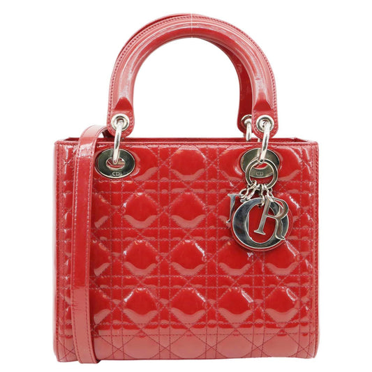Christian Dior Lady Dior Medium Quilted Patent Leather Shoulder Bag Burgundy Rovelle Bags