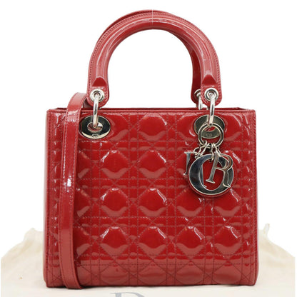 Christian Dior Lady Dior Medium Quilted Patent Leather Shoulder Bag Burgundy Rovelle Bags