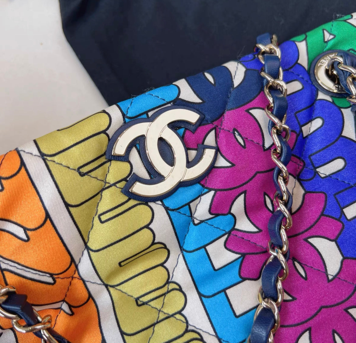 Chanel Rainbow Logo Quilted Textile Tote Bag Gold Hardware 2021 Rovelle Bags