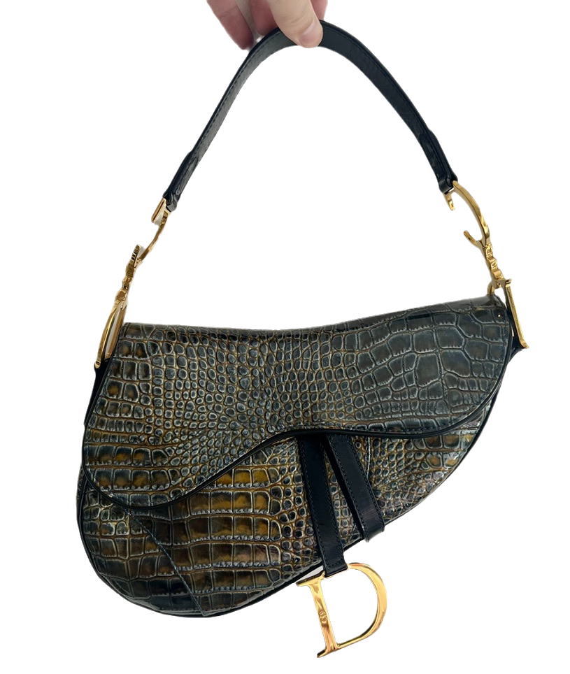 Dior Saddle Green Medium Crocodile embossed Leather Handbag Rovelle Bags