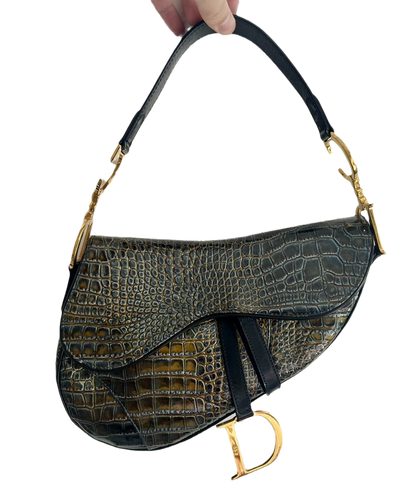 Dior Saddle Green Medium Crocodile embossed Leather Handbag Rovelle Bags