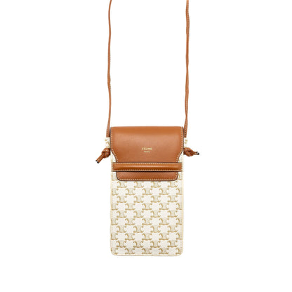Luxury CELINE Phone Pouch with Flap Triomphe Canvas /Lambskin White/Tan