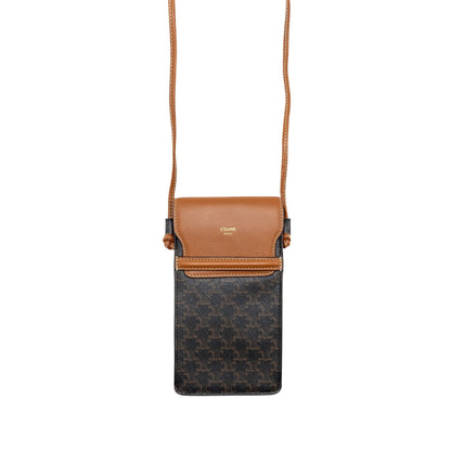 Luxury CELINE Phone Pouch with Flap Triomphe Canvas /Lambskin Tan