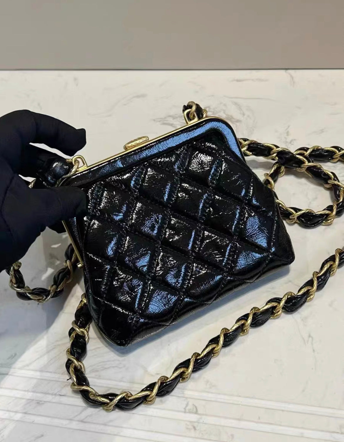Chanel Mini Clutch With Bow Crossbody Bag Black Shiny Lambskin And Pink Patent Crumpled Lambskin Antique Gold Hardware Rovelle Bags
