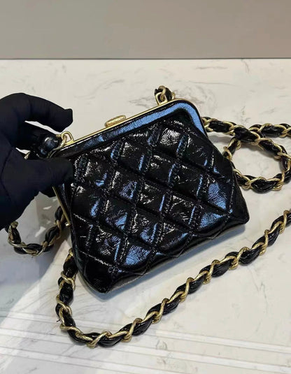 Chanel Mini Clutch With Bow Crossbody Bag Black Shiny Lambskin And Pink Patent Crumpled Lambskin Antique Gold Hardware Rovelle Bags