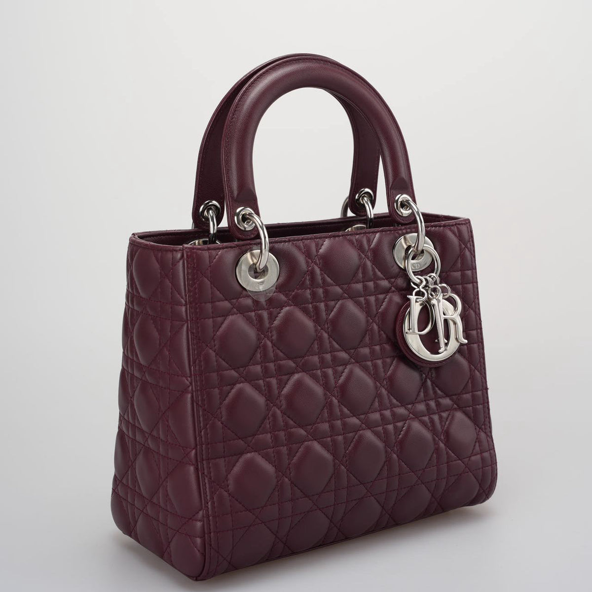 Christian Dior Burgundy Lady Dior Bag In Cannage Lambskin Leather With Silver Hardware Medium Lp Rovelle Bags