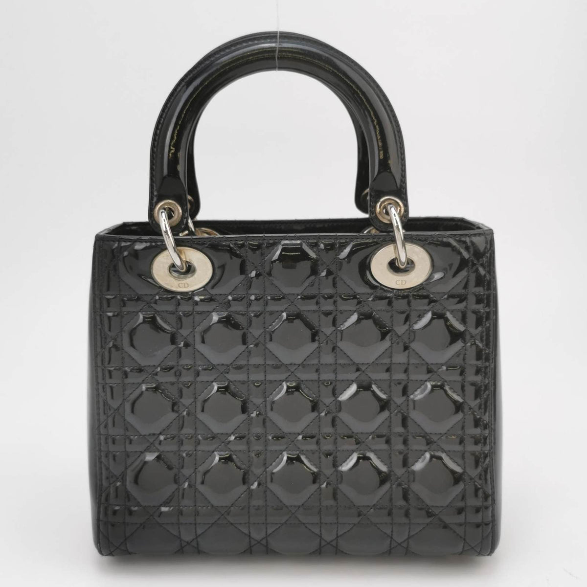 Lady Dior Medium Black Patent Leather Handbag with Silver Hardware Rovelle Bags