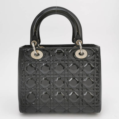Lady Dior Medium Black Patent Leather Handbag with Silver Hardware Rovelle Bags