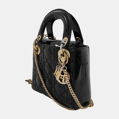 Lady Dior Mini Black Patent Leather Bag with gold hardware Chain Strap Rovelle Bags